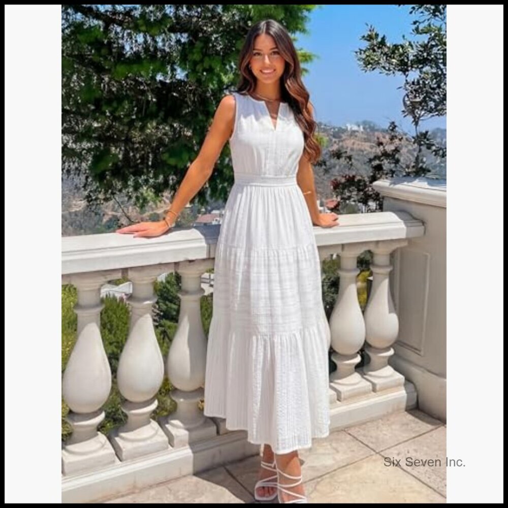 Cotton Jacquard Midi Dress Sleeveless V Neck Pockets Casual - Picture 5 of 7